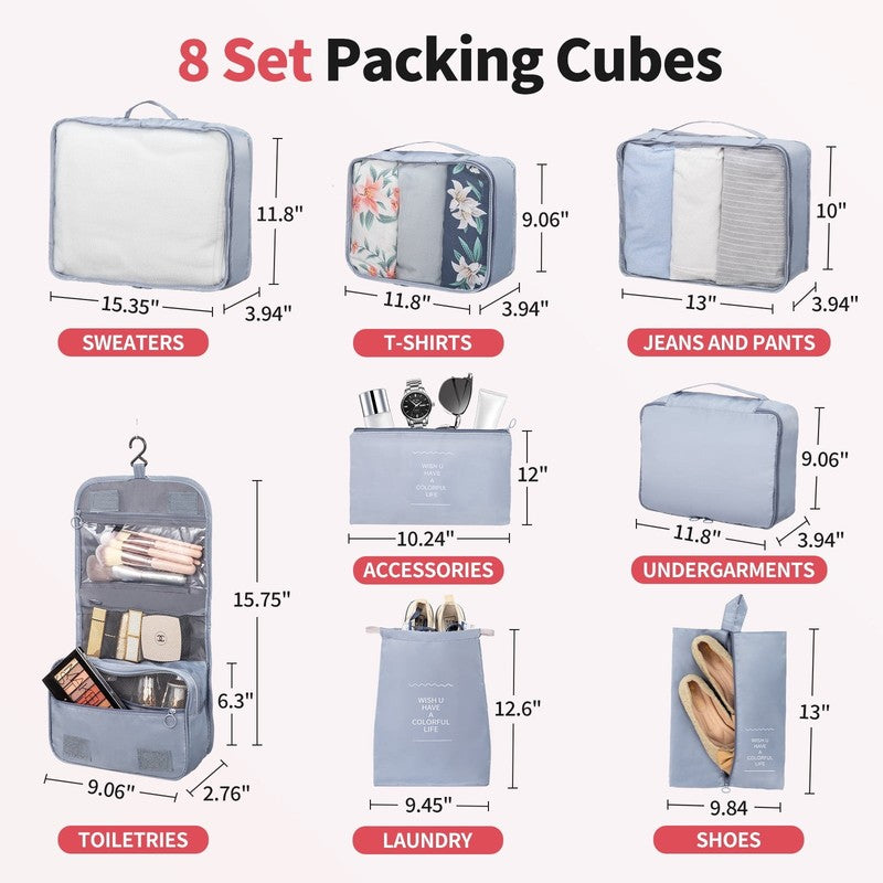 5 Piece Luggage Set with 8 Packing Cubes, Hard Shell Suitcase Set with Spinner W2