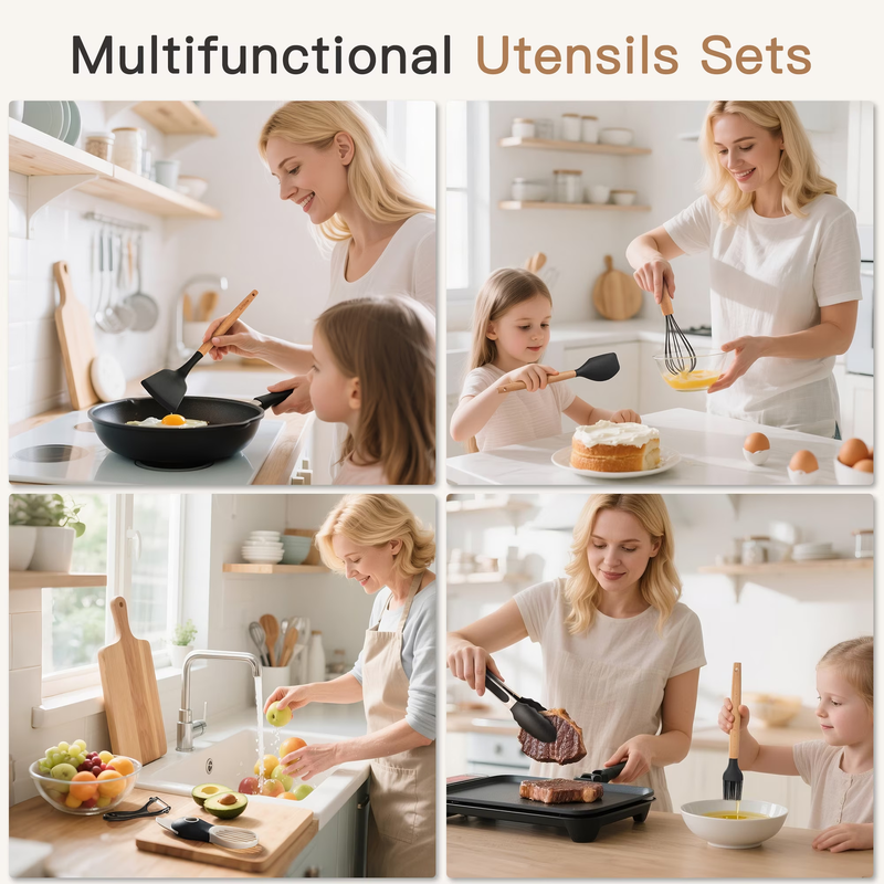 38PCS Silicone Kitchen Utensil Set Wooden Handle Heat Resistant Black5