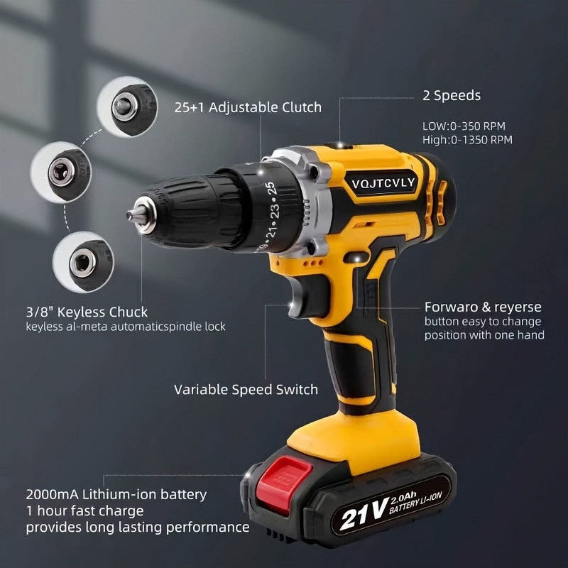 21V Cordless Drill Set 2Ah Battery 25+1 Torque 2-Speed Keyless Chuck Yellow1