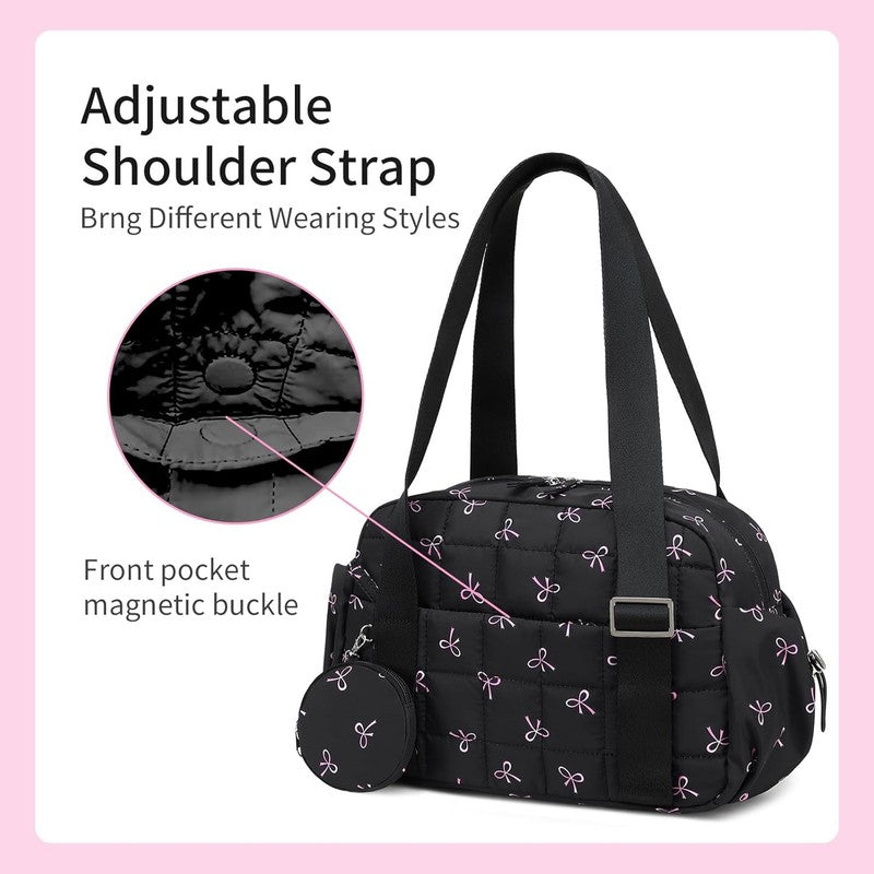 Mini Gym Bag Women Quilted Duffel Wet Compartment Coin Purse Black Pink Bow6