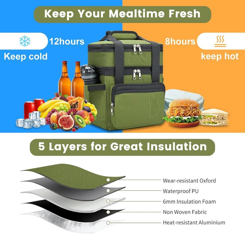 Insulated Lunch Bag & Box 15L Double Deck Reusable Cooler Tote Leakproof Green5