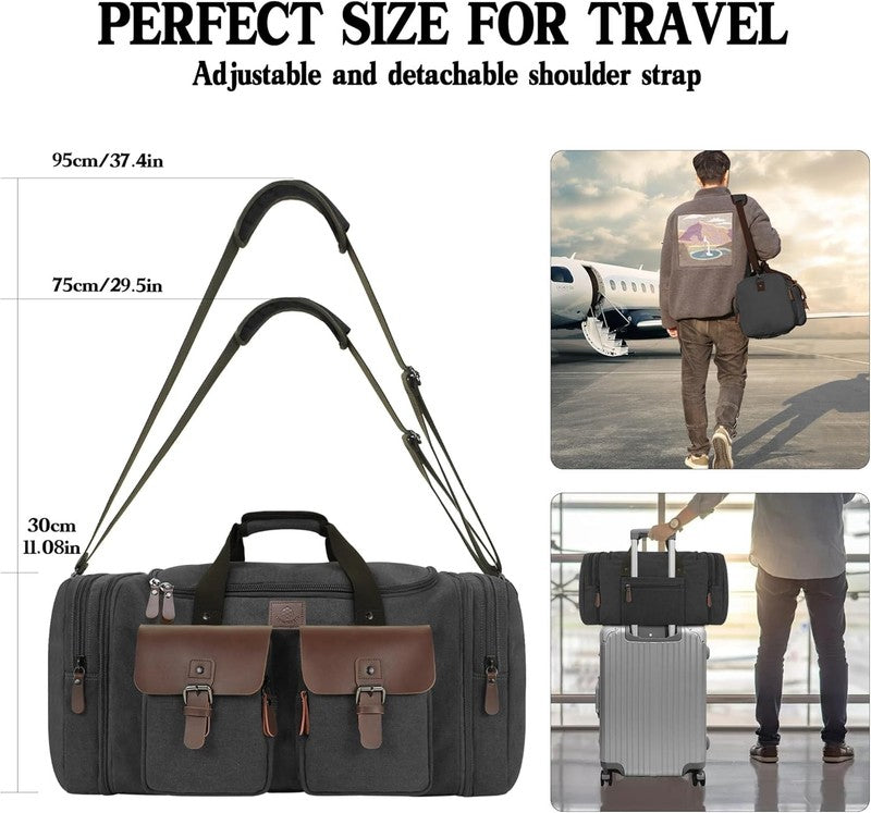 50L Canvas Travel Duffle Bag Expandable Leather Overnight Carry On Black6