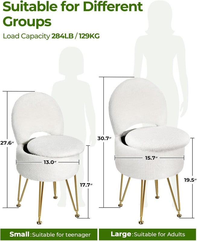 Faux Fur Vanity Stool Chair w/Storage Folding Back Ottoman White1
