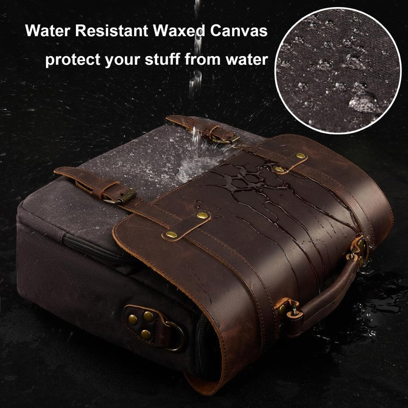 Mens Waxed Canvas Messenger Bag 16 Laptop Briefcase Leather Waterproof Satchel2
