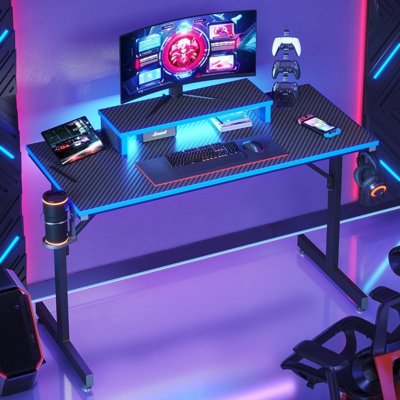 42" Gaming Desk PC Table w/ LED Lights, Monitor Stand, Hook & Cup Holder Blue1