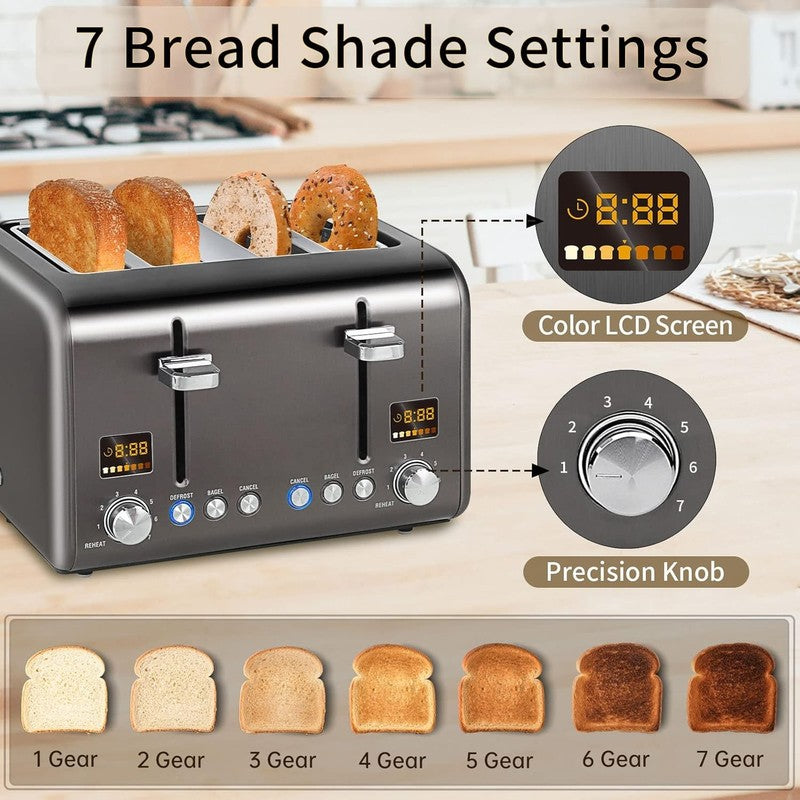 4 Slice Stainless Toaster - LCD, 7 Shades, Wide Slots, Bagel, Defrost, 1800W2