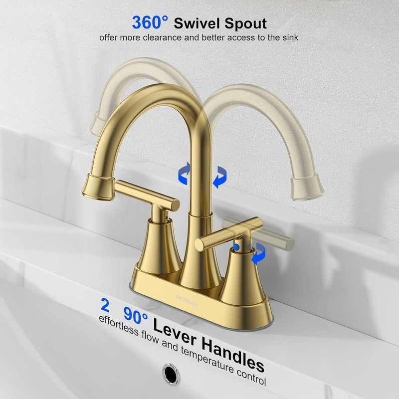 Brushed Gold Bathroom Sink Faucet 4" Centerset w/ Drain & Supply Hoses4
