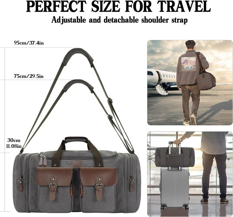 50L Canvas Travel Duffle Bag Expandable Leather Overnight Carry On6