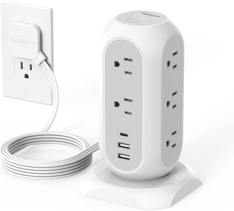 Tower Power Strip Flat Plug with 11 Outlets 3 USB (1 USB C),  Surge Protector To0