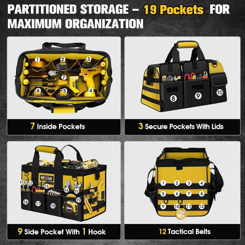 16" Heavy Duty Tool Bag 19-Pocket Portable Electrician Mechanic Toolbox Yellow2