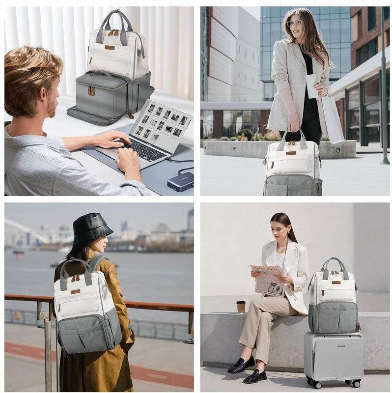 Travel Laptop Backpack 15.6 17.3" Nurse Work Bag w/ Lunch Box Gray Beige4