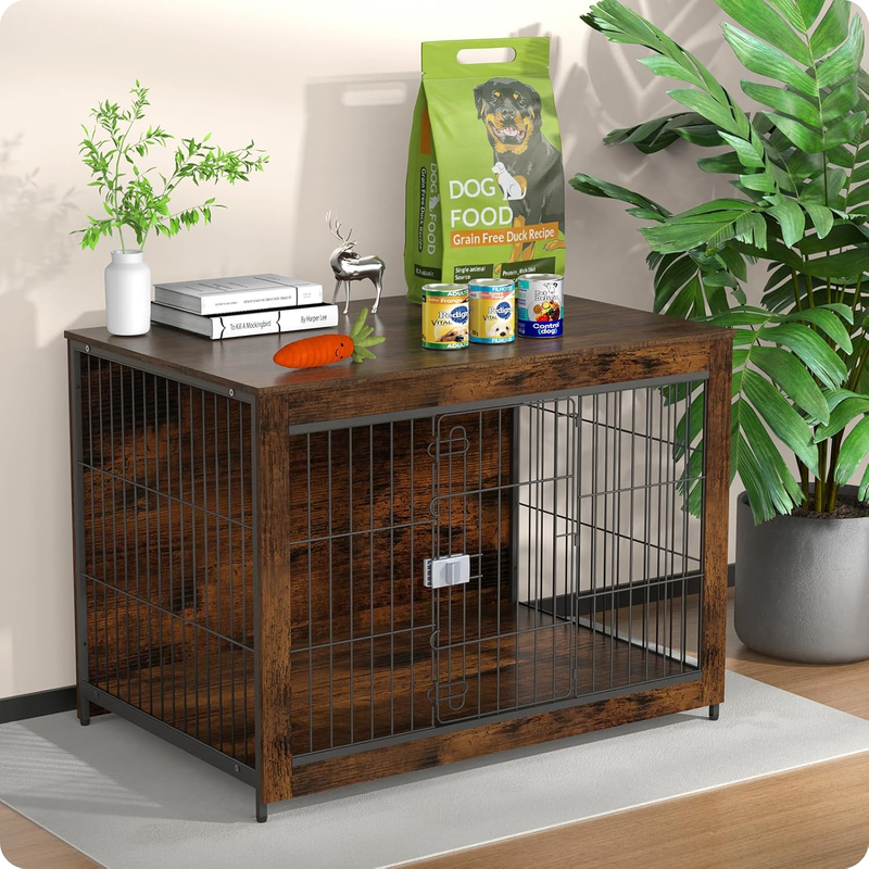 Wooden Dog Crate Furniture 33" w/ End Table Escape Proof Indoor Dog Kennel10
