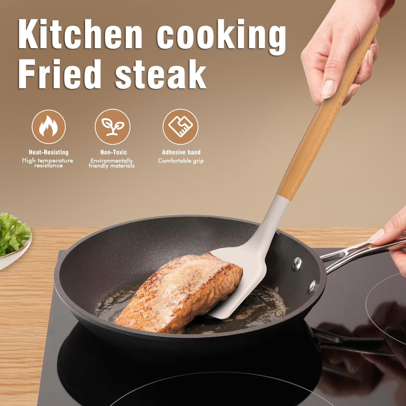 Silicone Kitchen Utensil Set Wooden Handle Holder Heat Resistant Khaki4