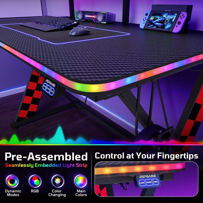 43" X-Shaped Gaming Desk Music Sync LED with Monitor Stand Red Racing7