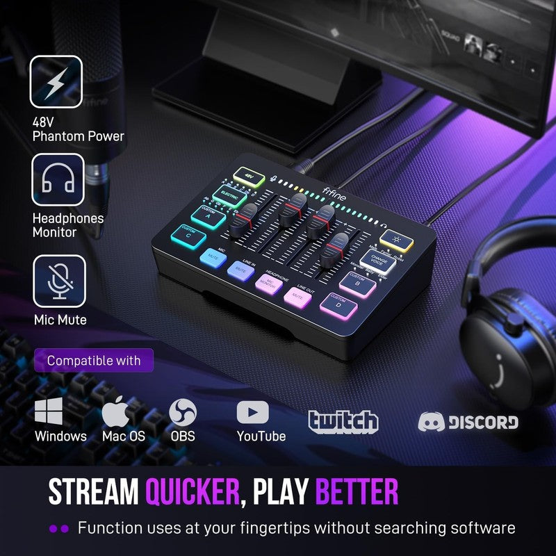 Gaming Audio Mixer RGB PC Mixer w/ XLR Mic Phantom Power Mute SC36