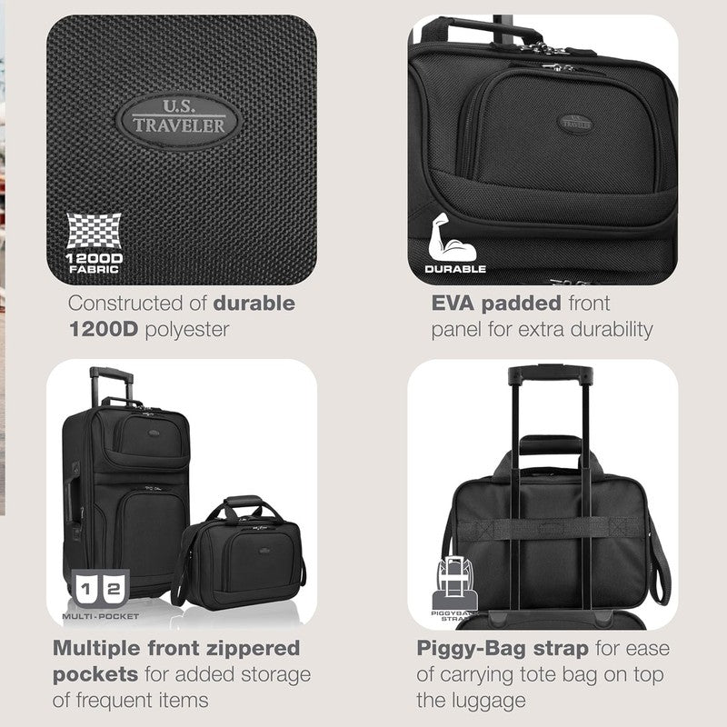 Rio Fabric Expandable Carry On Luggage, Rolling Suitcase, Black, 2 Wheel Set2