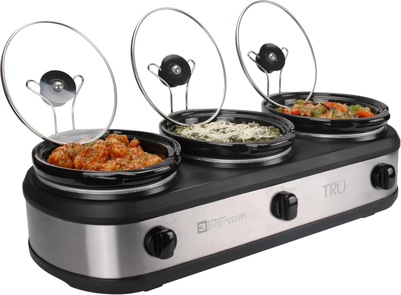 Triple Buffet Server 3×2.5QT Crock Pot Warmer w/ Lids & Spoons, 3 Temp7