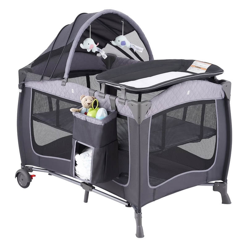 Unisex Portable Baby Play Yard Grey w/ Wheels Canopy Changing Table Newborn8