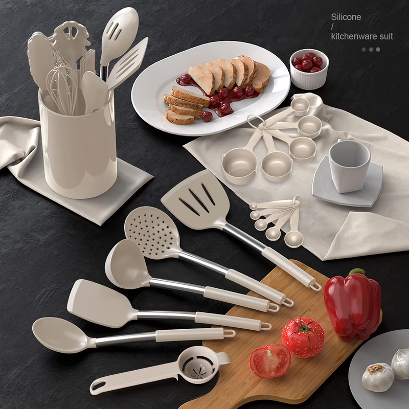 Large Silicone Kitchen Utensil Set Heat Resistant Nonstick Khaki5