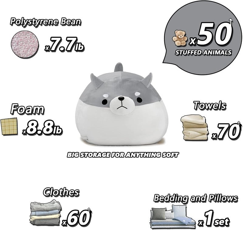 Stuffed Animal Storage Bean Bag Cover Kids Grey Shiba Inu Toy Organizer XL3