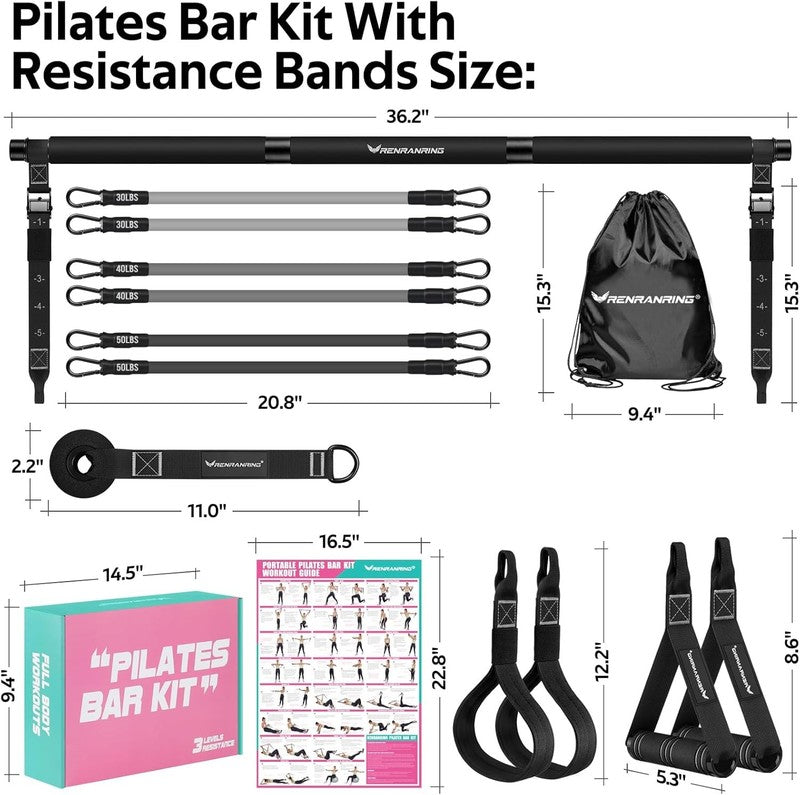 Pilates Bar Kit w/ Resistance Bands Adjustable Metal Buckle Full Body Workout6