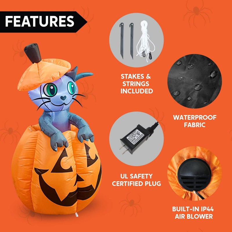 5Ft Halloween Inflatable Animated Kitty on Pumpkin Yard Lawn Decoration3