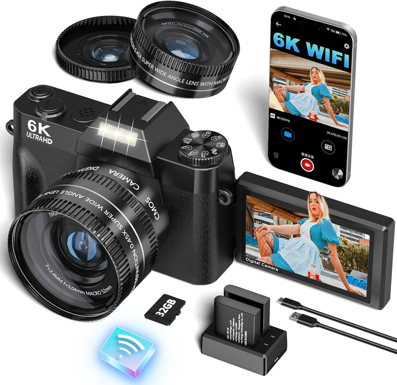 6K Digital Camera 64MP Vlogging WiFi 180° Flip Screen 16X Zoom 32GB Black8