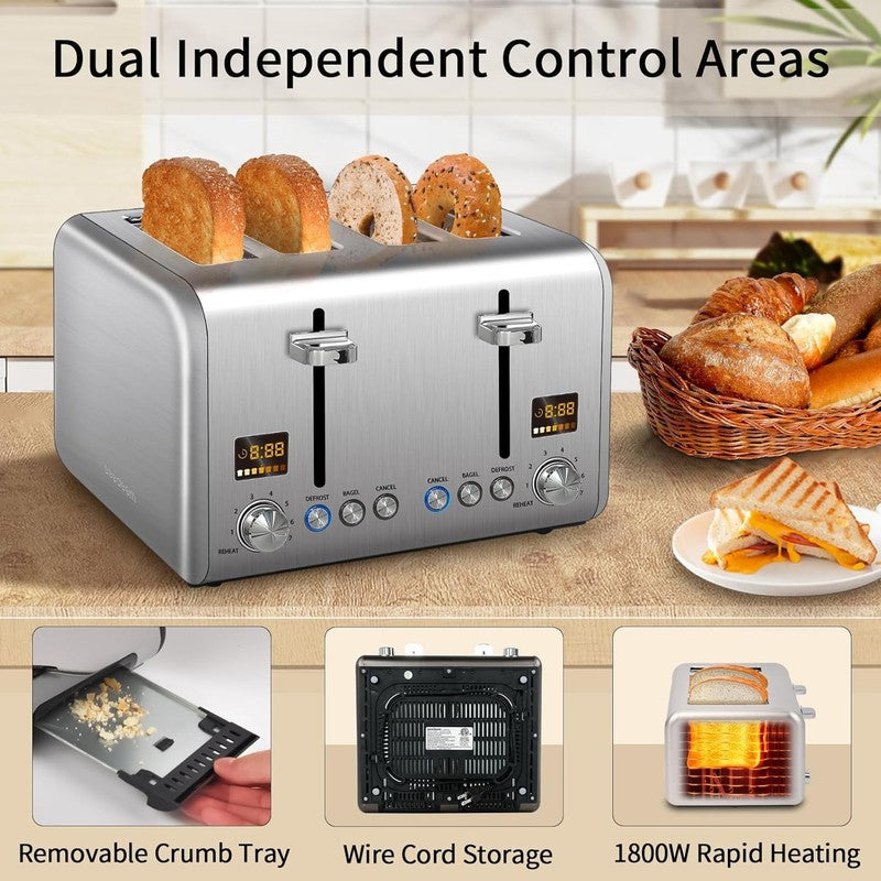 4 Slice Stainless Toaster Silver - LCD Display, 7 Shades, Bagel, Defrost, 1800W5
