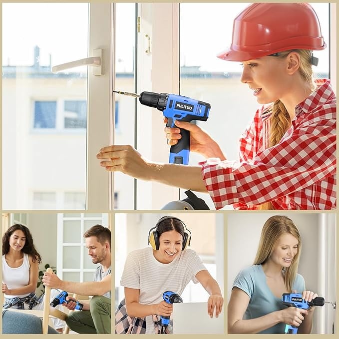 12V Cordless Drill Set 21+1 Torque LED 3/8" Keyless Chuck Battery & Charger Blue7