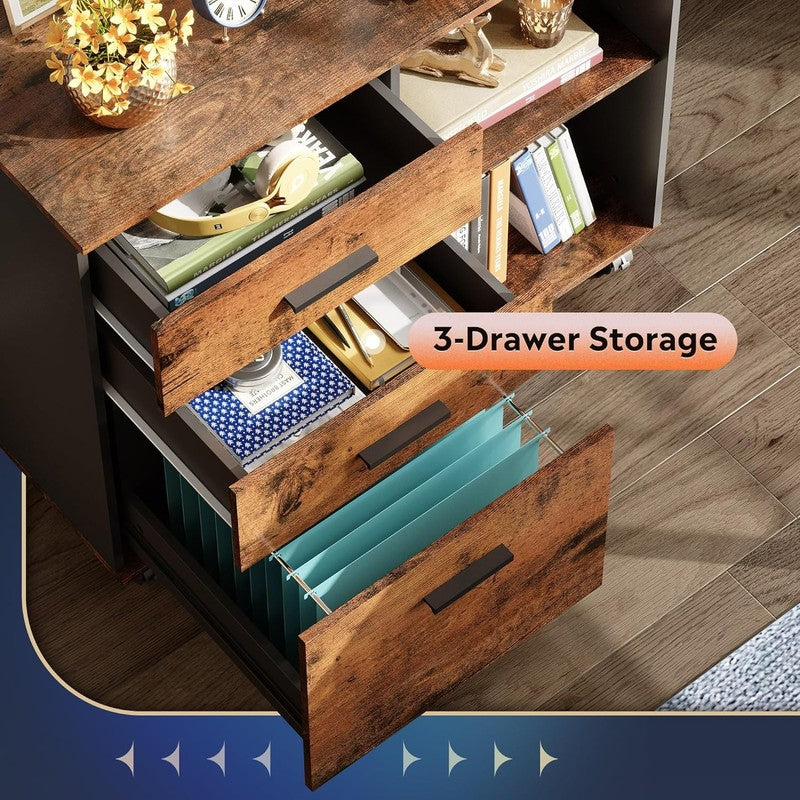 Rustic Brown 3-Drawer Mobile File Cabinet & Printer Stand with Open Shelves4