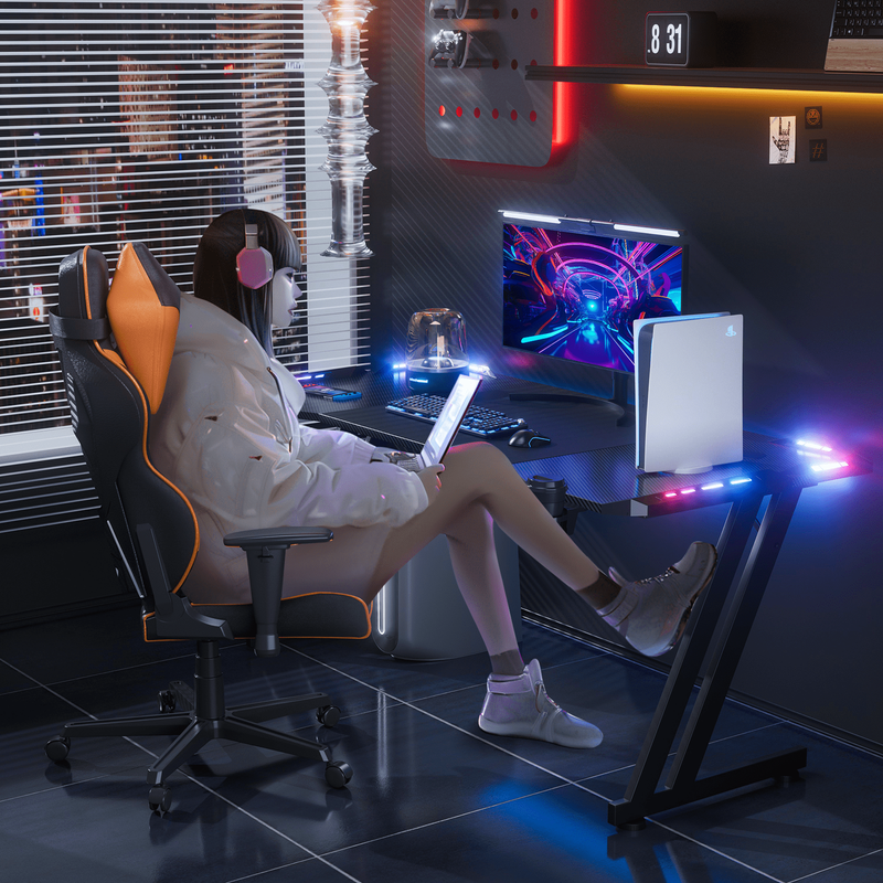 47" Gaming Desk w/ LED Lights, Cup Holder & Headphone Hook Black2