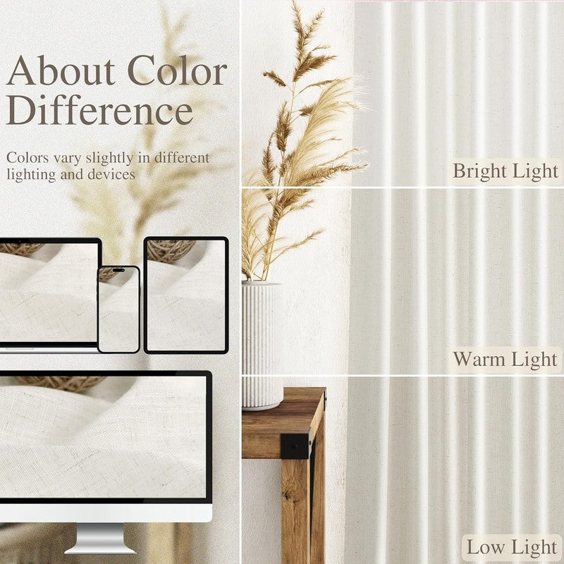 84 Inch Linen Curtains Set – Neutral Farmhouse Semi-Sheer Drapes3
