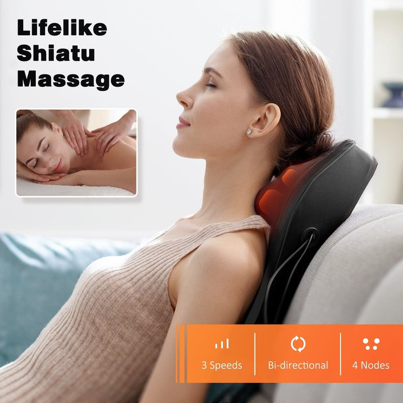 Neck & Back Massager with Heat, 3D Deep Kneading Shiatsu Pillow, Black — Gift fo1