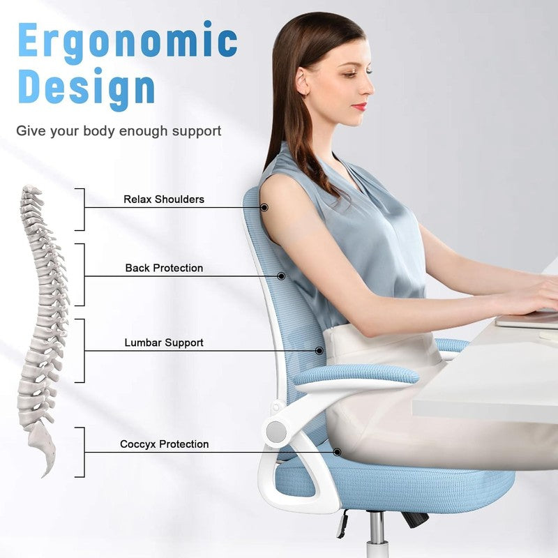 Office Desk Chair Mid Back Mesh Adjustable Height Flip Up Arms Lumbar Blue3