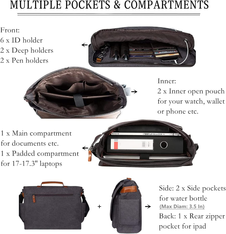 Men's Messenger Bag 17 17.3" Laptop Water Resistant Canvas Shoulder Bag Grey4