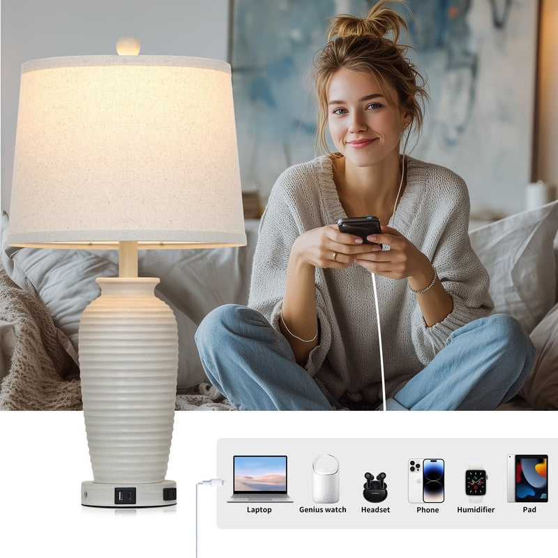 Set of 2 24 Inch Touch Control Table Lamps USB C AC Outlet Farmhouse White Resin3