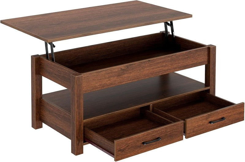 Lift Top Coffee Table w/ Drawers Hidden Compartment Retro Wooden Espresso7