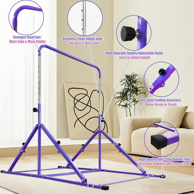 Foldable Kids Gymnastic Bar 3 12 Adjustable 9 Heights 200lb w/ Mat Home/Gym3