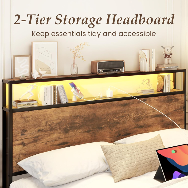 Queen Bed Frame LED Charging Storage Headboard Drawers Metal Rustic Brown6