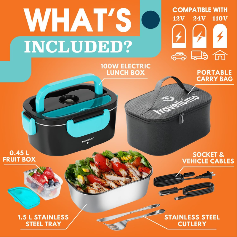 Electric Lunch Box 100W Heated Food Warmer 1.5L Stainless Steel 12V/24V/110V4