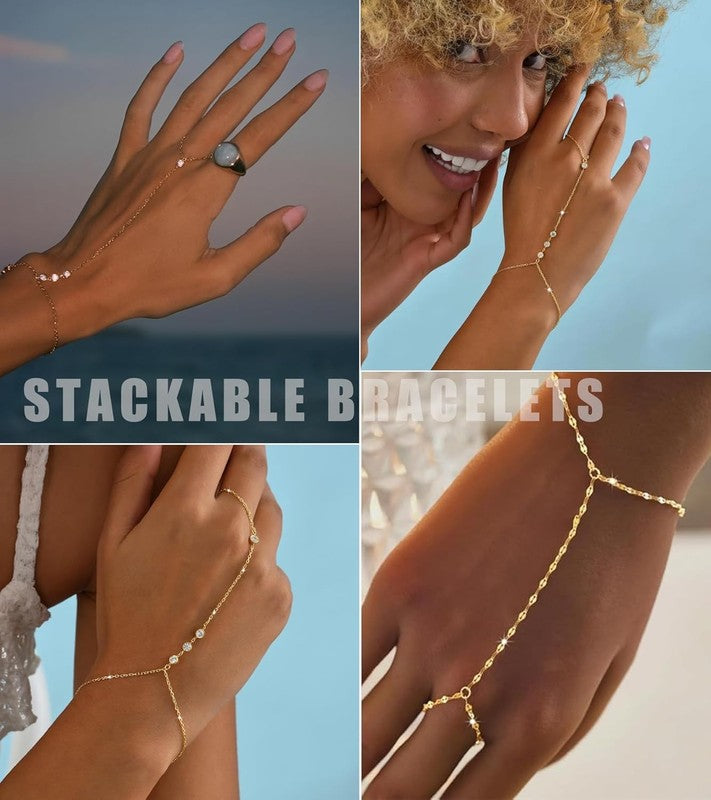 14K Gold Plated CZ Link Hand Chain Bracelet Set, 2 Pcs Jewelry for Women2