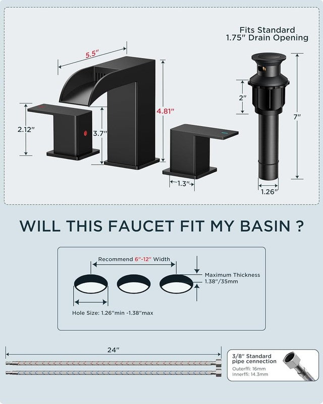 8" Matte Black Waterfall Bathroom Faucet 3 Hole w/ Drain & Supply Lines2