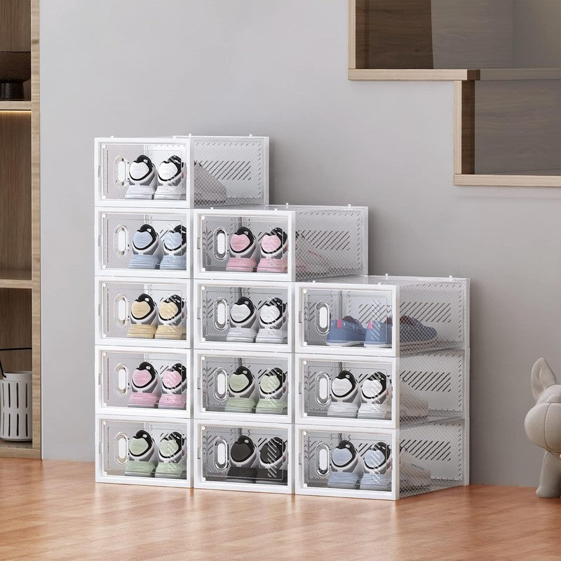 12 Pack Clear Plastic Shoe Storage Boxes, Stackable Organizers with Lids Size 107