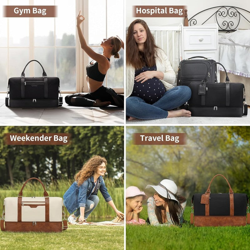 21in Women Weekender Duffle Bag 2Pc Canvas Leather Carry On Shoe Compartment4