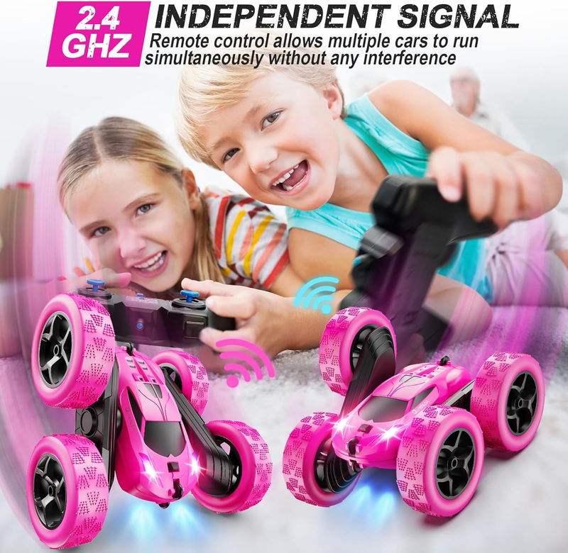 Rose RC Car for Girls 2.4GHz Double Sided 360° Stunt Car Headlights2