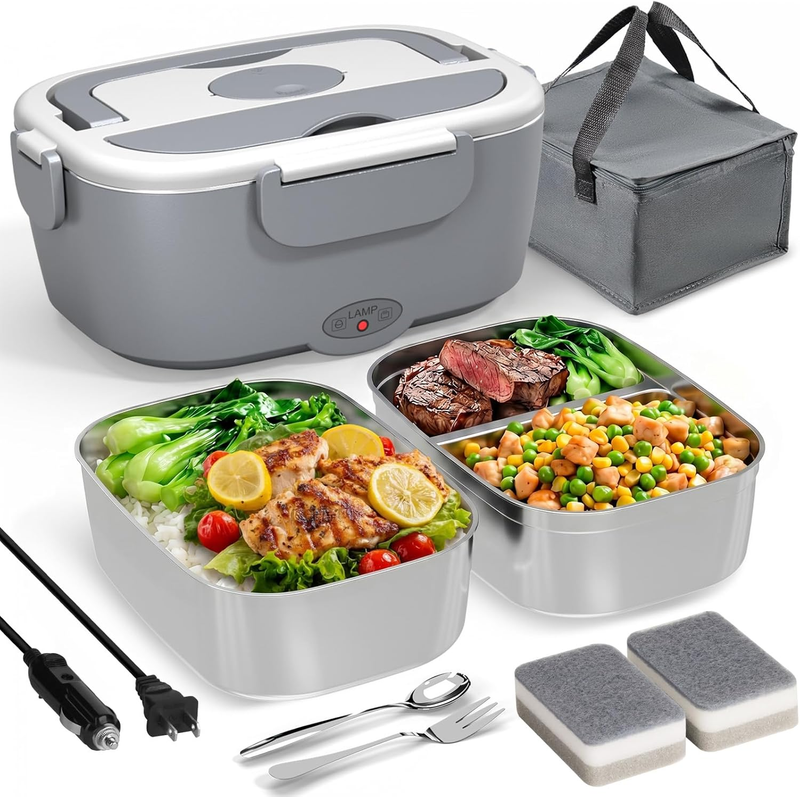 Electric Lunch Box Food Warmer 12V/24V/110V 2x53oz Stainless Steel Portable Set9