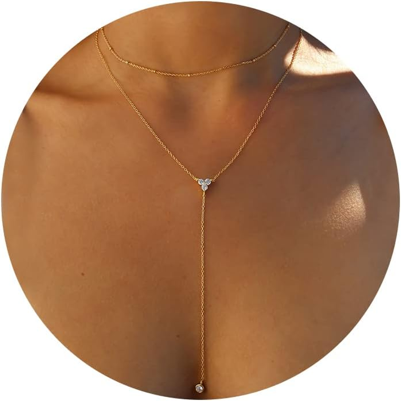 Lariat Gold Necklace for Women 14K Plated Y CZ Drop Pendant Layered Jewelry8