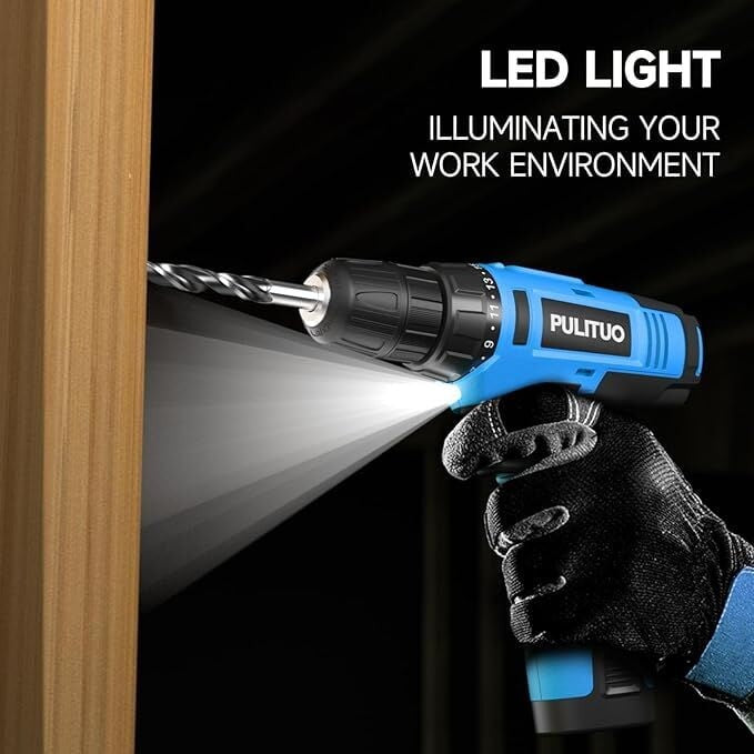 12V Cordless Drill Set 21+1 Torque LED 3/8" Keyless Chuck Battery & Charger Blue4