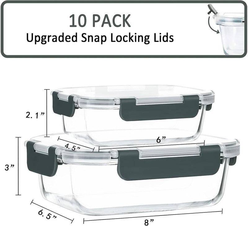 10 Pack Glass Meal Prep Containers Airtight Snap Lock Lids Microwave Oven1