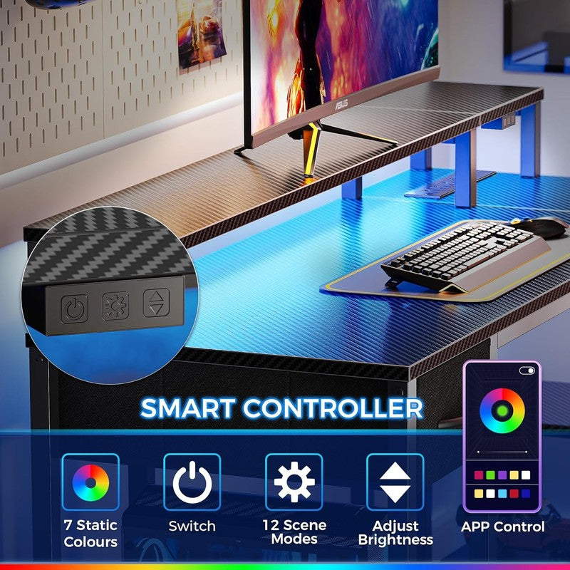 53'' Reversible L Shaped Gaming Desk LED Lights Power Outlets Carbon Black4